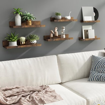Floating Shelves 6pcs Set Wall Mounted Shelves 6 Different Sizes | Heavy Duty Shelf for Home Decor Bathroom Bedroom Living Room Space Saving Storage White Brown Black