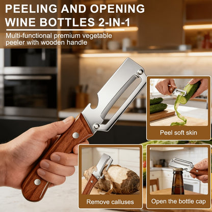 Stainless Steel Vegetable Peeler Set 2pcs – Multi-functional Kitchen Peeler with Scallion Cutter, Straight Blade, Wooden Handle & Bottle Opener