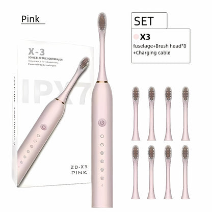 Rechargeable Electric Toothbrush 6 Cleaning Modes with 8 Brush Heads - USB Charge, Soft Bristles, Portable for Travel & Home Use, Oral Care Toothbrush for Men & Women - Black / White / Pink