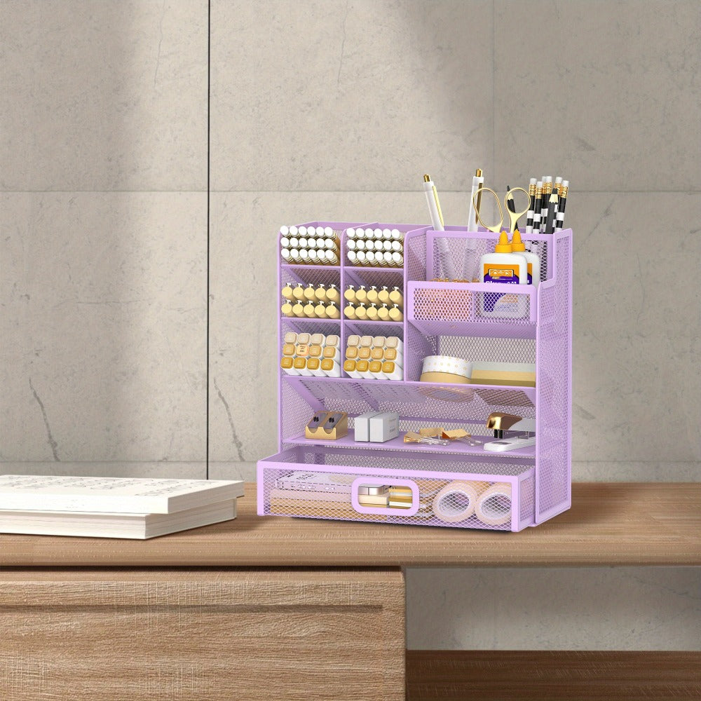 Mesh Desk Organizer with Drawer – Multifunctional Desktop Pen Holder & Office Supply Organizer for Home Office, School & Art Studio – Pencil Cup Caddy with Storage Compartments, Multiple Colors Available