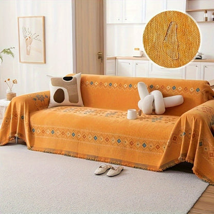 Bohemian Embroidery Chenille Sofa Cover 300GSM - Machine Washable Knit Weave Slipcover for 2 3 4 Seater Sectional Sofa No Padding, 5 Colors