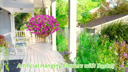 Artificial Hanging Flowers Outdoor UV-Resistant Fake Petunias with Planter Basket – Realistic Faux Hanging Plants for Garden Patio Porch Balcony Railing Decor