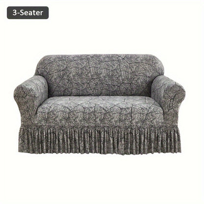 Printed Elastic Skirt Sofa Cover Modern Hem Design Stretch Sofa Slipcover Protective Furniture Cover for Living Room Single 2 3 4 Seater Machine Washable