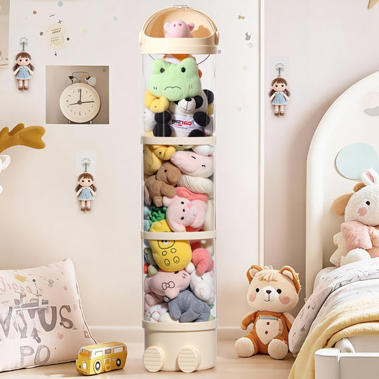 Stackable Round Stuffed Animal Storage Box with Lid – 3-Tier Plastic Plush Toy Organizer with Layered Storage for Dolls Toys & Miscellaneous Items – Kids Room Decor