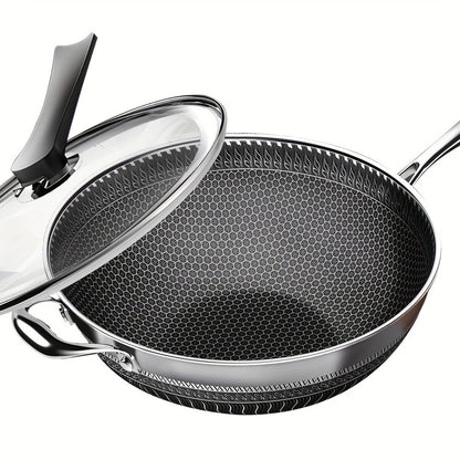 Stainless Steel Wok 13.3 Inch Honeycomb Non-Stick with Lid Spatula & Pot Brush – All Cooktop Compatible Stir Fry Pan | Induction Gas Electric Ceramic | Complete Kitchen Wok Set Cooking Accessories