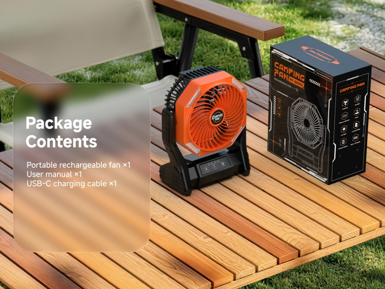 Camping Fan 20000mAh with LED Light and Brushless Motor, 4-Speed 180° Oscillating Portable Outdoor Fan, 22-26H Long Runtime Anti-Slip Base, 3-in-1 Table Fan for Camping, Hiking, Picnic and Emergency