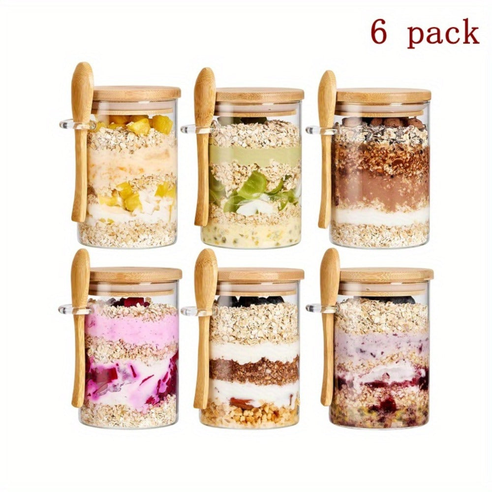 Overnight Oats Jars with Bamboo Lids & Spoons, 500ml Glass Meal Prep Containers — Dessert Bowl Set for Chia Pudding, Salad, Cereal, Yogurt & Sourdough Starter | 4 or 6 Pack