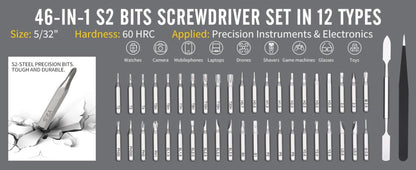 Precision Screwdriver Set 46-in-1, Magnetic Mini Professional Repair Tool Kit with CR-V Steel Phillips Slotted Torx Hex Y-Type Bits for Phone, Laptop, Watch, Game Console, Tablet & Electronics Repair