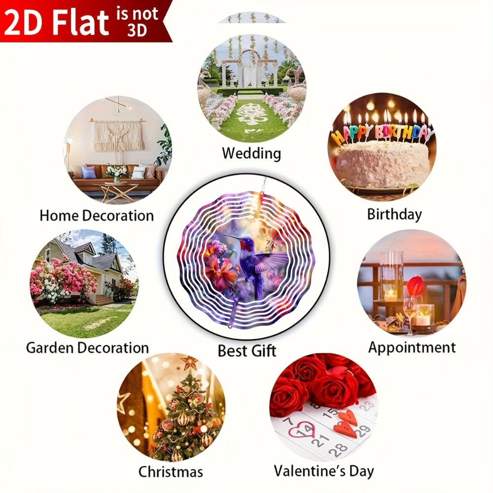 Hummingbird Wind Spinner for Garden – 10" Kinetic Metal Sculpture with Color-Changing Feathers, Wind-Powered 2D Flat Iron Art for Outdoor Yard Decor, Patio Stake Ornament, Bird Lover Gift