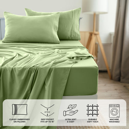 Fitted Sheet Set 6-Piece Brushed Polyester Deep Pocket Bed Sheets 20 Colors Hotel Luxury Soft Bedding with Embroidered Pillowcases