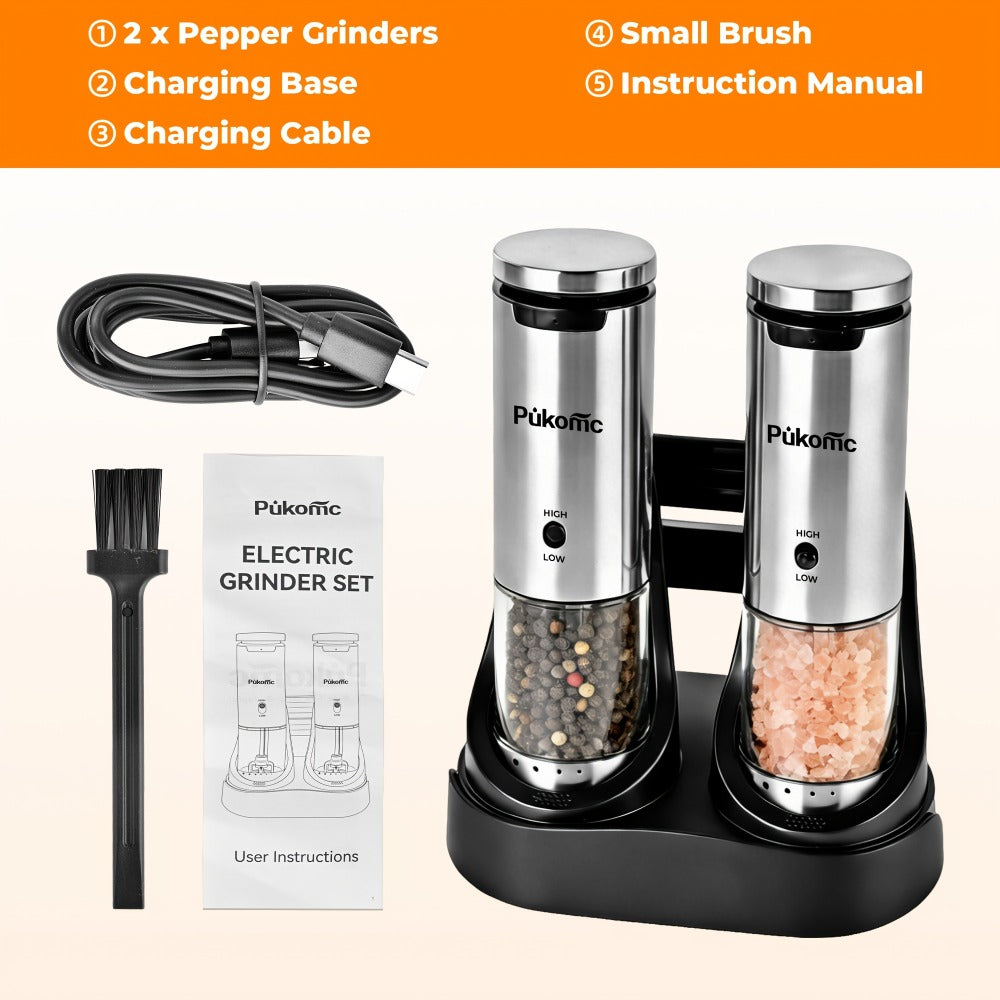 Electric Pepper Grinder Set of 2, Rechargeable with Charging Base, 6 Adjustable Coarseness Settings, Built-in LED Light & ABS Motor — Salt & Pepper Mill for Peppercorns & Spices, Brush Included