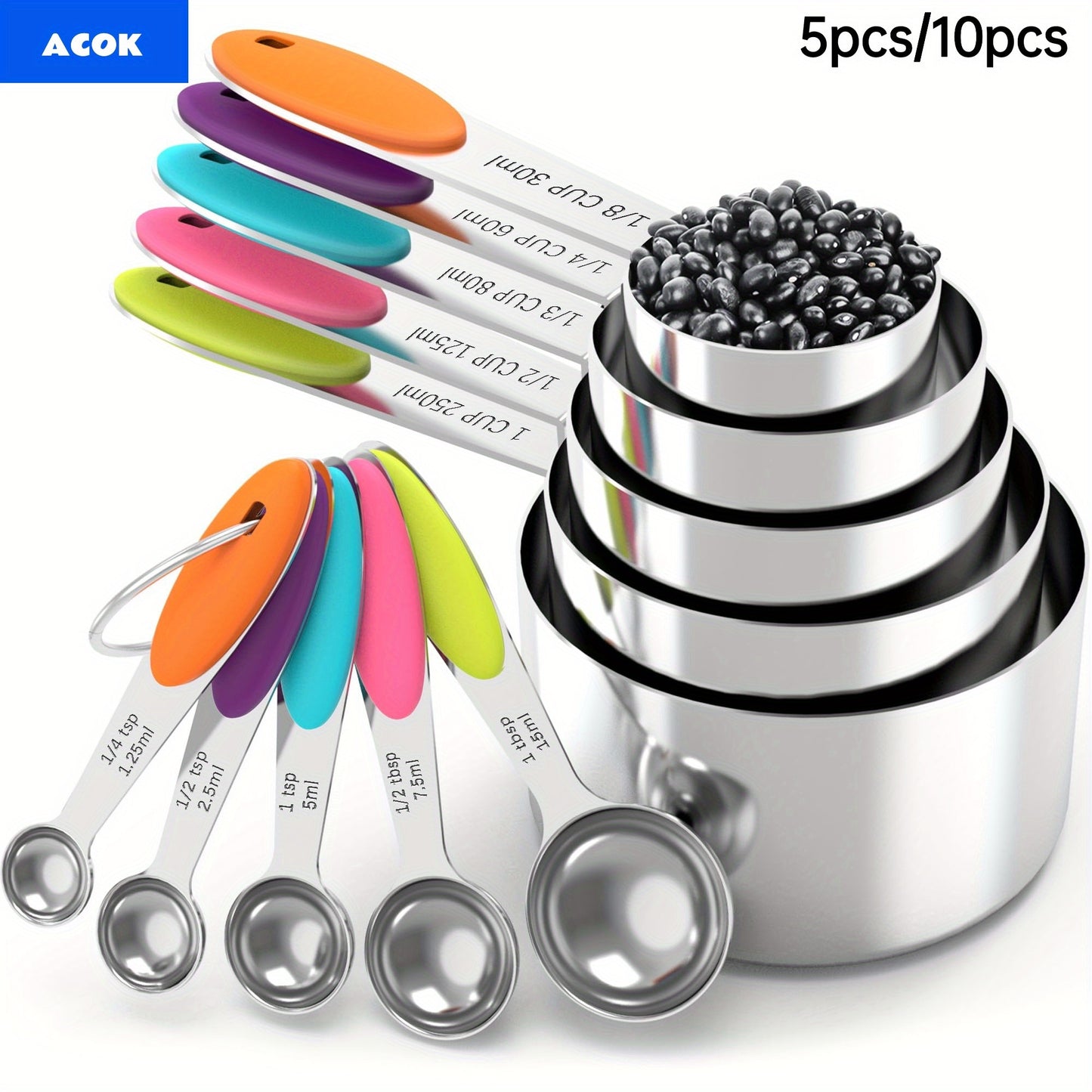 Measuring Cups and Spoons Set 10-Piece Stainless Steel with Silicone Handle – Precise Baking & Cooking Measurement Tools | Dishwasher Safe | Christmas Kitchen Gift