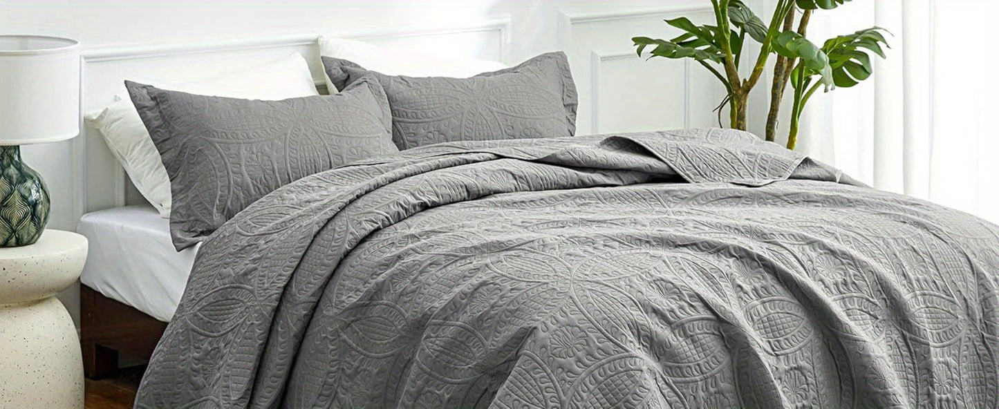 Quilt Set 3 Piece Lightweight Microfiber Bedspread with Pillow Shams - Coin Pattern Coverlet All Season Soft Bed Quilt Full Queen King Orange White Grey Green Khaki