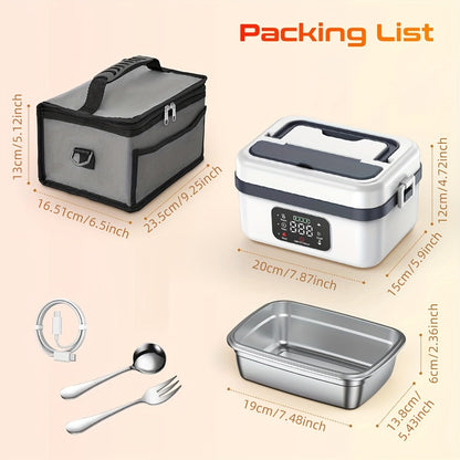 Wireless Heated Lunch Box 8000mAh Battery Powered - 60W Electric Food Warmer 1L Stainless Steel with Smart Timer 8 Settings and Power Bank Function, Portable Lunch Heater for Office Car Truck and Travel, BPA-Free with Fork Spoon and Insulated Bag