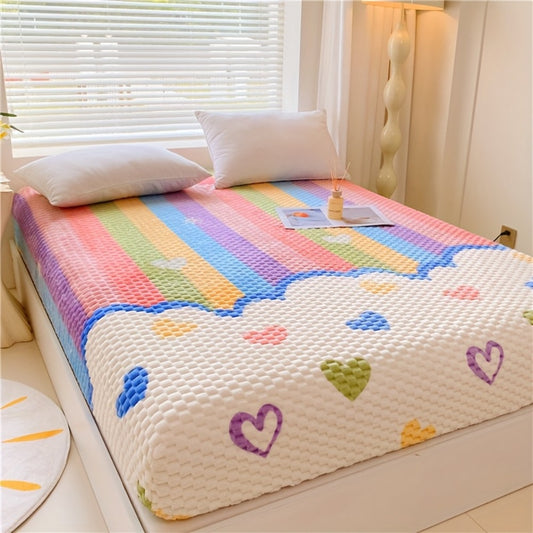 Milk Velvet Fitted Bed Sheet with Heart Carved Design – Soft Mattress Protective Cover, Fully Enclosed Dust Cover, Machine Washable Bedding for Bedroom, Guest Room & Hotel – Twin Full Queen King