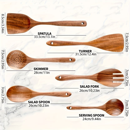 Wooden Kitchen Utensils Set – Natural Wood Spoon Spatula & Wok Spatula with Ergonomic Handle, Heat-Resistant Non-Stick Safe Cooking Tools, Easy to Clean Durable Kitchen Essentials (5 / 6 / 10 Piece Sets)
