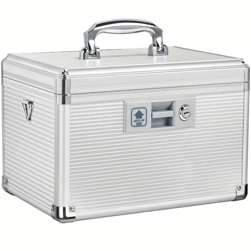 Aluminum Alloy Lockable Medicine Box – Double Layer Large Capacity Storage Box with Key Lock, Handle & Tray for Medicines, Documents & Valuables, 10"/12"/14"/16" Home Security Box