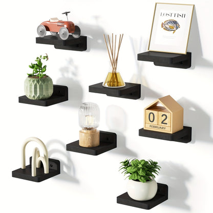 Wall Mounted Wooden Shelves Set of 8 - Small 4 Inch Floating Shelves for Bedroom, Bathroom, Kitchen & Office Decor and Storage, Rustic Style (Pure Black)