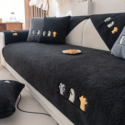 Plush Shearling Sofa Cover Non-Slip Pet-Friendly Couch Protector Animal Bone Embroidery Soft Warm for Living Room Bedroom Office 2 3 4 Seater