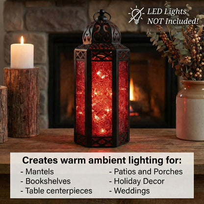 Moroccan Candle Lantern Holder - Decorative Metal & Glass Lantern with Embossed Floral Design for Indoor Home Decor, Garden, Patio, Weddings, Ramadan, Halloween & Holiday Celebrations - 10.5" Tall Medium Size