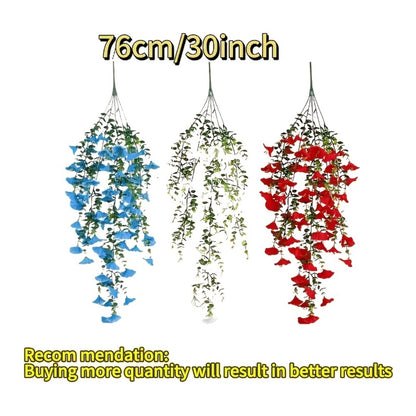 Artificial Hanging Morning Glory Flowers 6pcs - Red White Blue Fake Flower Vines for Home Garden Outdoor Indoor Decor, Independence Day Memorial Day Decoration, No Maintenance Plastic Blooms