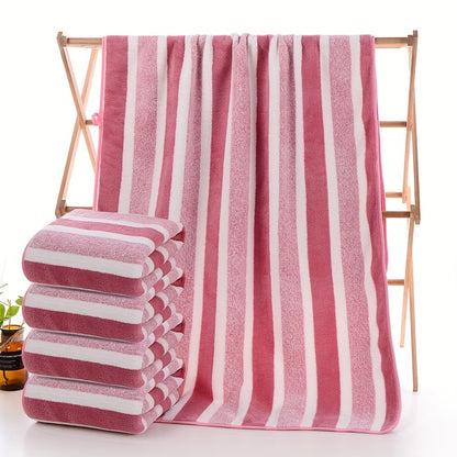 Striped Bath Towel Set 1 or 4 Pack 346GSM - 100% Polyester Super Soft Skin Friendly Absorbent Quick Dry | 70x140cm 27.6x55.1in | Green Gray Red Multi-Color | Home Bathroom Beach Essentials