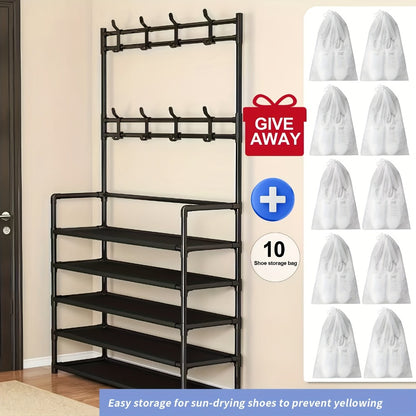 Shoe Rack Organizer with 8 Double Hooks & Multi-Layer Storage Shelves – Floor Standing Coat Hat Holder for Entryway Bedroom Living Room