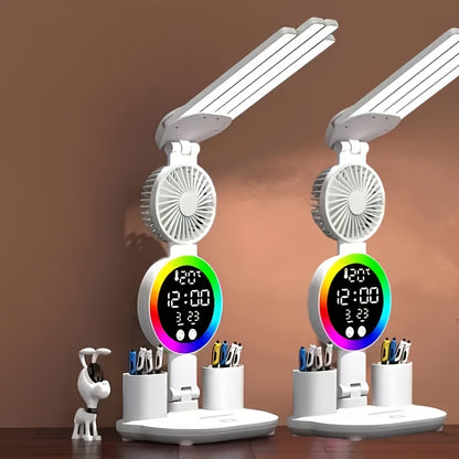 LED Desk Lamp with USB Touch Control Adjustable Brightness Color Changing Built-In Fan Night Light Eye-Caring for Home Office Dorm Study Multi-Angle
