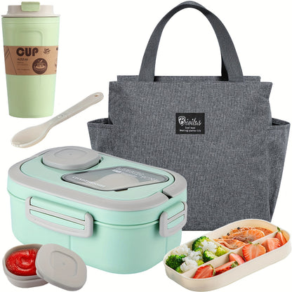 2-Layer Bento Lunch Box Set with Cup and Meal Bag - Multi-Grid Lunch Box for School, Office & Outdoor Picnics, Food Storage Container with Milk Cup, Salad Cup, Coffee Cup or Soup Bowl, Pink Blue Green White
