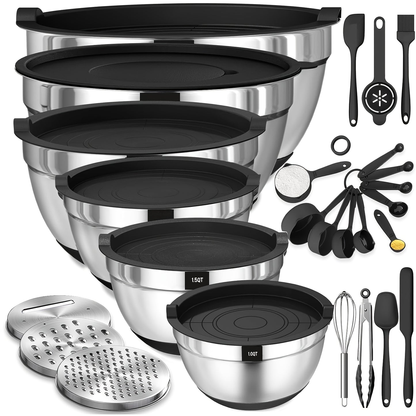 Mixing Bowls Set with Airtight Lids – 26pcs Stainless Steel Bowl Set with 3 Grater Attachments, Non-Slip Bottoms, Sizes 1–7QT – Kitchen Bowls for Mixing, Serving, Baking & Meal Prep