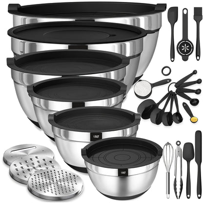 Mixing Bowls Set with Airtight Lids – 26pcs Stainless Steel Bowl Set with 3 Grater Attachments, Non-Slip Bottoms, Sizes 1–7QT – Kitchen Bowls for Mixing, Serving, Baking & Meal Prep