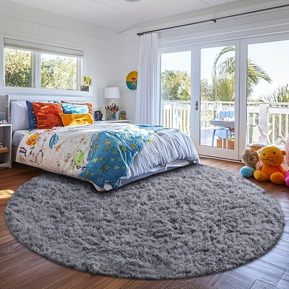 Round Shaggy Plush Rug – Soft Fluffy Circular Carpet for Bedroom & Living Room, Easy Clean