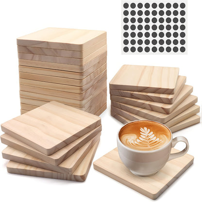 Unfinished Wood Coaster Blanks 4 Inch Round Square DIY Craft Supplies for Painting Engraving Burning with Non-Slip Felt Stickers Handmade Gift Home Decor Christmas Halloween Wedding