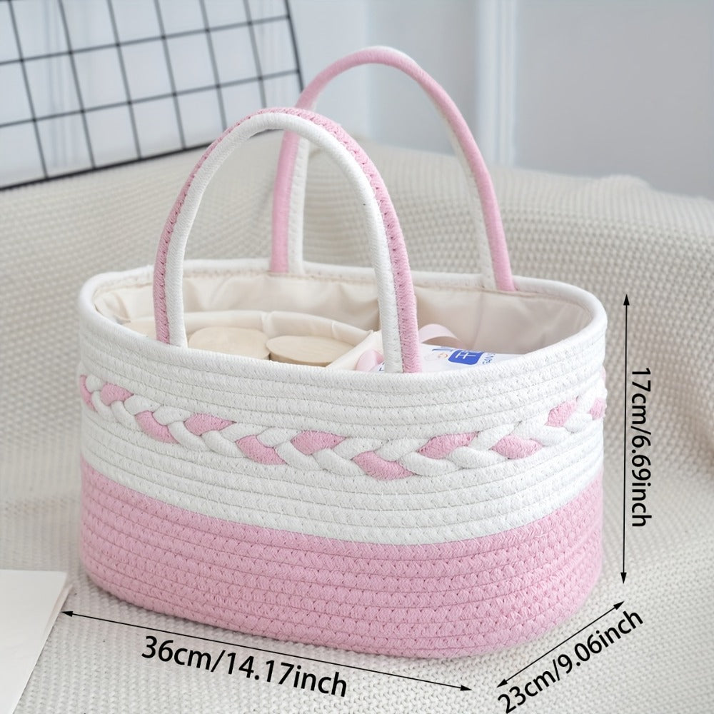 Boho Rope Storage Basket Woven Foldable Organizer 14" Large Capacity - Removable Lining Striped Shelf Basket with Handle for Home Bedroom Living Room Laundry Decor