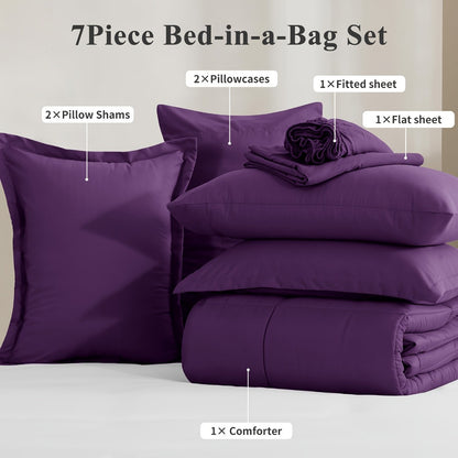 7 Piece Comforter Set Luxury Soft Fluffy Bedding All Season Bed in a Bag with Comforter Fitted Sheet Flat Sheet Pillowcases Hypoallergenic Breathable Easy Care Queen King Twin XL Full