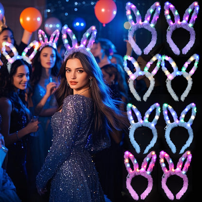 LED Bunny Ear Headbands 25-Pack | Glowing Light Up Rabbit Ears with 3 Flashing Modes for Party Halloween Christmas Weddings Concerts Cosplay Photo Props Unisex Adult