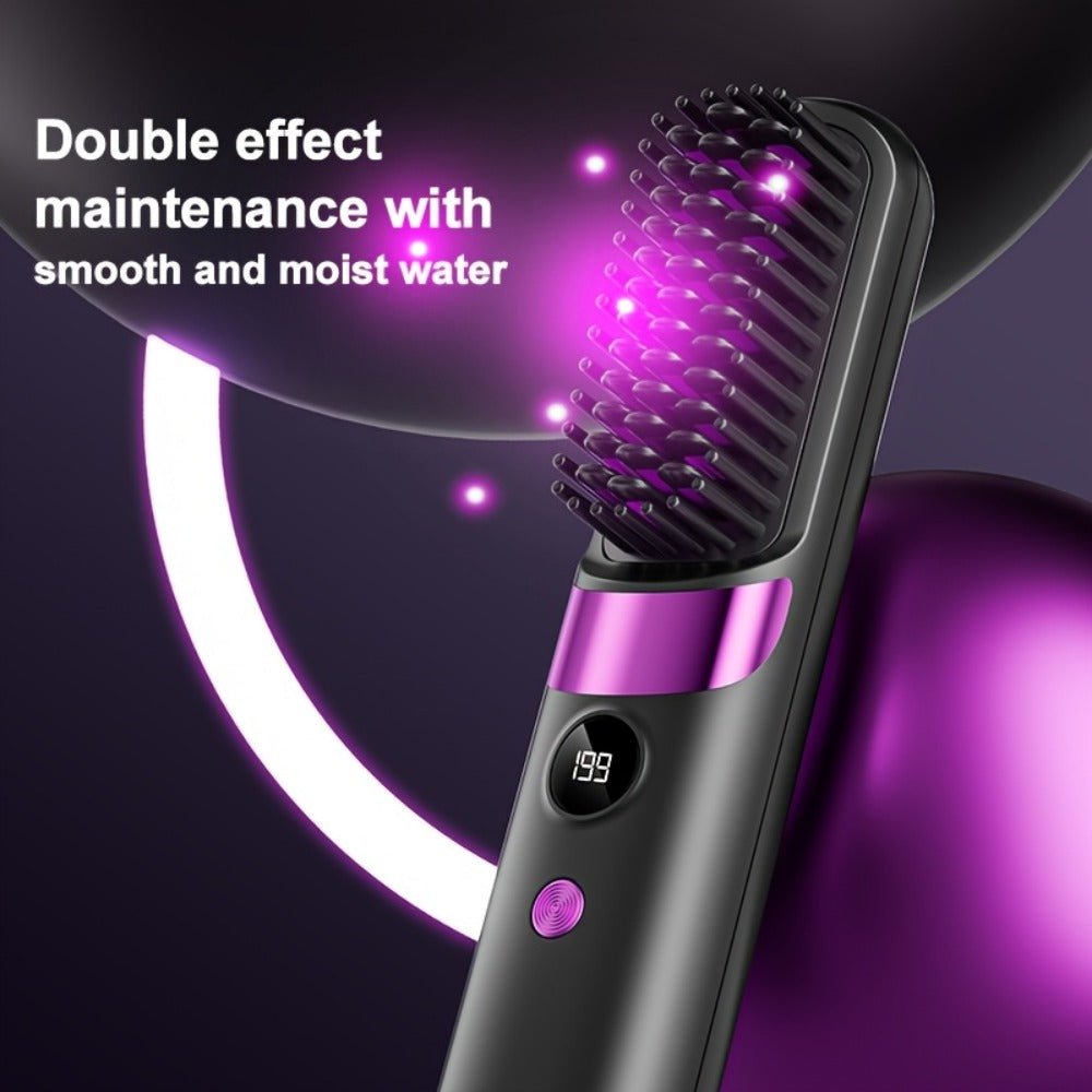 Wireless Hair Straightener Comb USB Rechargeable | Cordless Straightening Brush with Negative Ion, 3-Speed Temp Control, LED Display – Travel Hair Styler