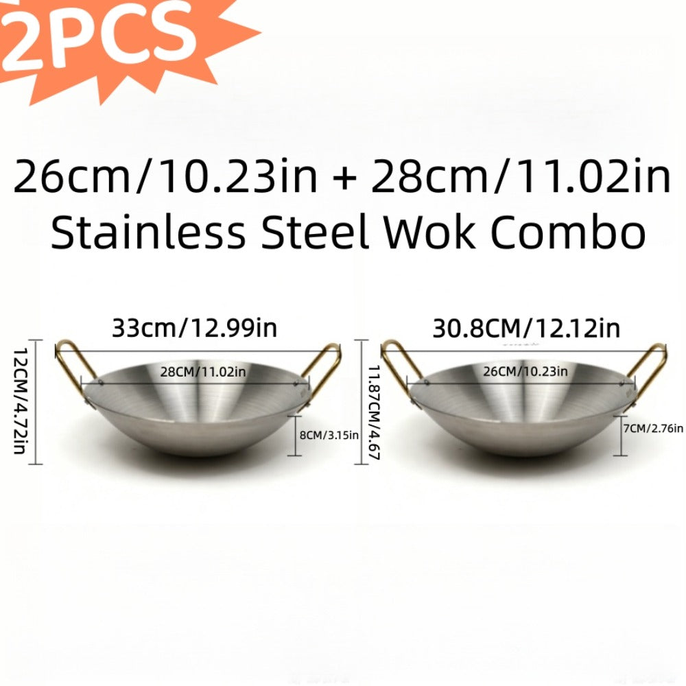 Stainless Steel Wok Set 2pcs 10in + 11in | Heavy Duty Non-Stick Frying Pan with Stainless Steel Handle – Dishwasher Safe Cookware for Home Kitchen & Outdoor Cooking