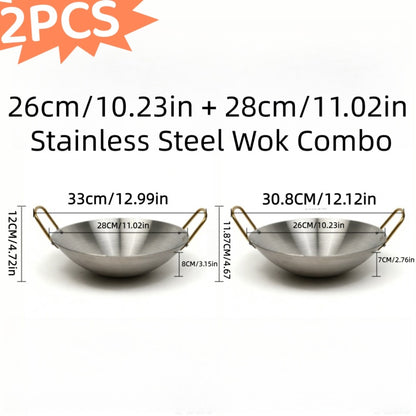 Stainless Steel Wok Set 2pcs 10in + 11in | Heavy Duty Non-Stick Frying Pan with Stainless Steel Handle – Dishwasher Safe Cookware for Home Kitchen & Outdoor Cooking