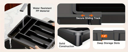 Expandable Cutlery Tray Drawer Organizer Adjustable Silverware Holder with Labels | Kitchen Drawer Organizer for Knives Forks Spoons Utensils | Bamboo & Black Drawer Divider for Kitchen Bedroom Office