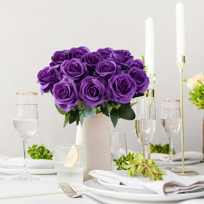 10pcs Artificial Silk Roses Bulk - Fake Flowers for Wedding Home Decor, 19.69" Long Stem, Deep Purple & Dark Green