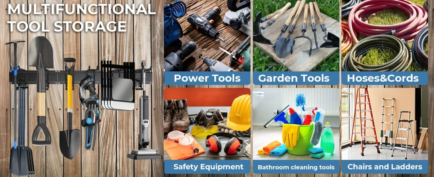 Garage Tool Organizer Wall Mount 48" – Heavy Duty Pegboard with Adjustable Swivel Hooks, 1 Double Hook & 5 Straight Hooks, Holds 420lbs, Broom Holder for Yard Tools, Shovels, Hoses & Garden Equipment
