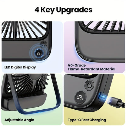 USB Desk Fan Battery Operated | 2000mAh & 5000mAh Rechargeable Mini Personal Fan, 4-Speed Adjustable, 180° Tilt & Foldable, Ultra-Quiet Strong Airflow for Office, Bedroom & Desktop Use – Black, Pink, White