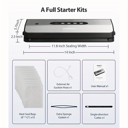 Vacuum Sealer Machine 8-in-1 – 65Kpa Food Sealer with Cutter, Accessory Hose, 10 Bags Included, Stainless Steel, External Vacuum Port for Food Storage, Sous Vide & Meal Prep