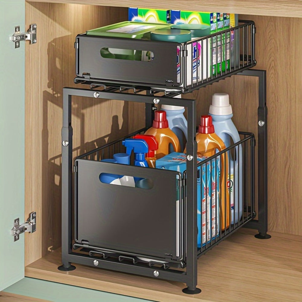 Under Sink Organizer 2-Tier Slide Out Pull Out Drawer Metal Basket Height Adjustable - Under Sink Cabinet Organizer for Kitchen Bathroom Storage, Sliding Shelf Rack for Cleaning Supplies Toiletries