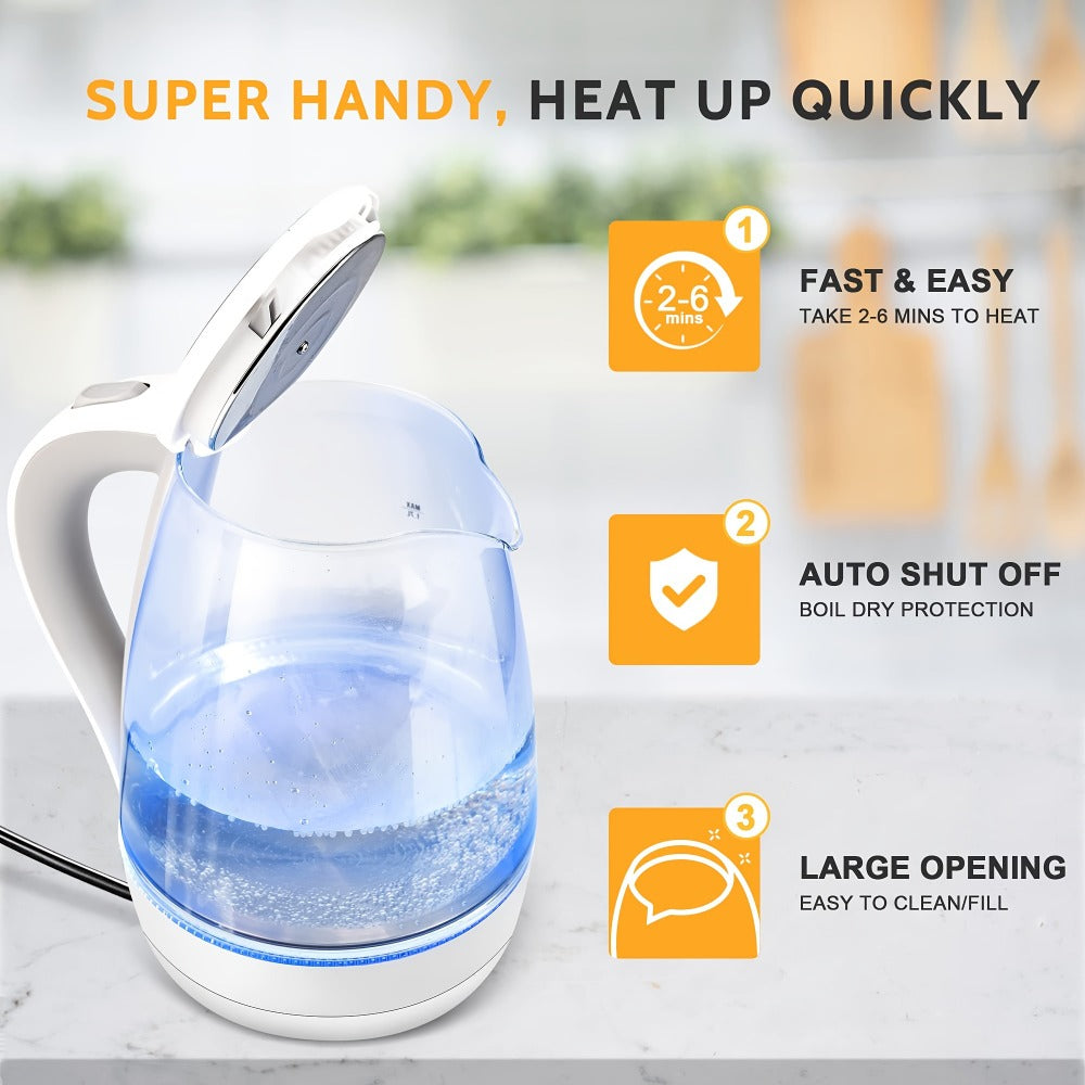 Glass Electric Kettle 1200W Borosilicate with Blue LED Glow - 57.48oz 1.7L Fast Boil BPA-Free Auto Shut-Off Boil-Dry Protection, Transparent Electric Tea Kettle for Home Office RV Camping Kitchen Gift