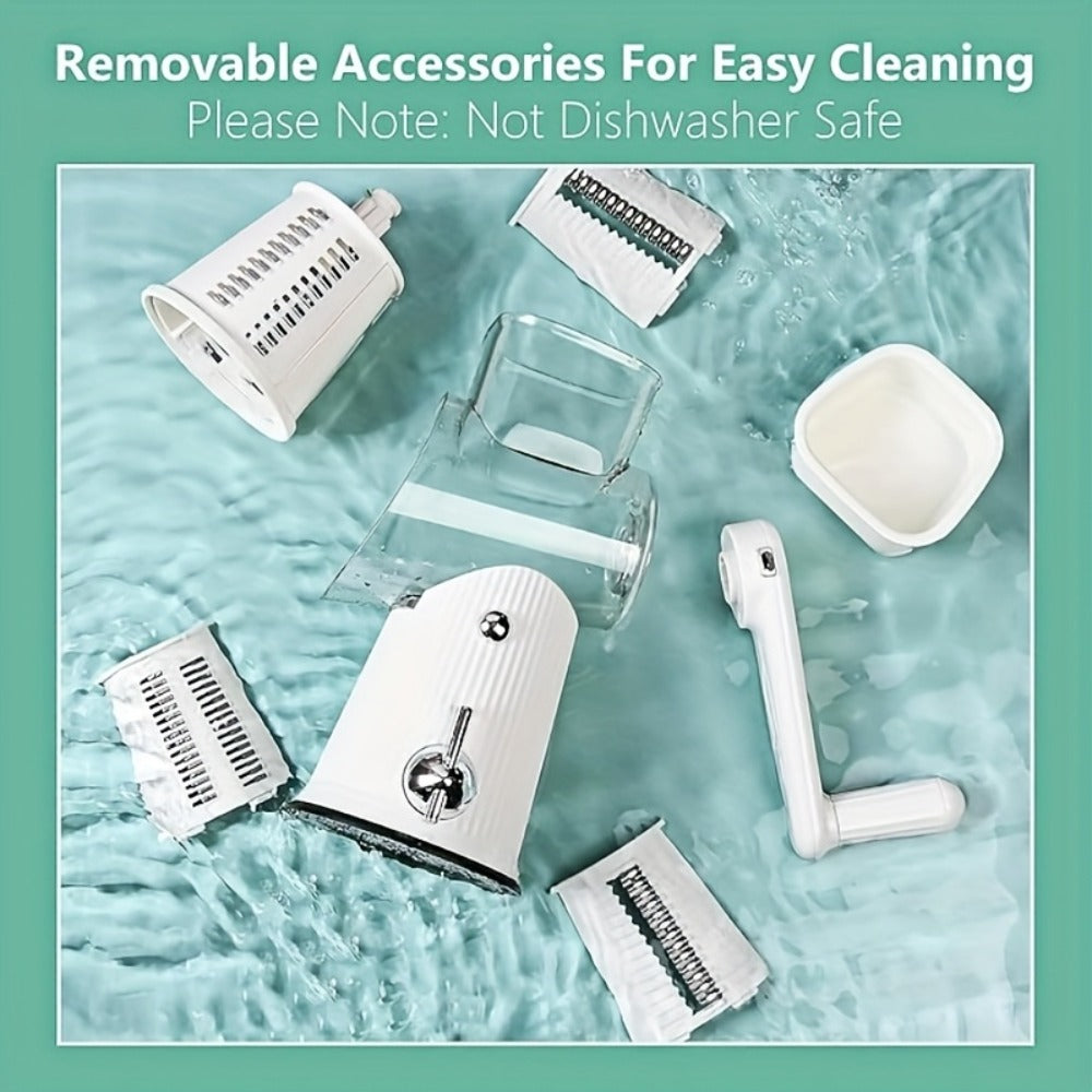 Rotary Cheese Grater with Interchangeable Blades – 5-in-1 Manual Vegetable Slicer Shredder Set, Suction Cup Base, Easy to Clean, Multifunctional Kitchen Tool for Fruits, Vegetables & Nuts