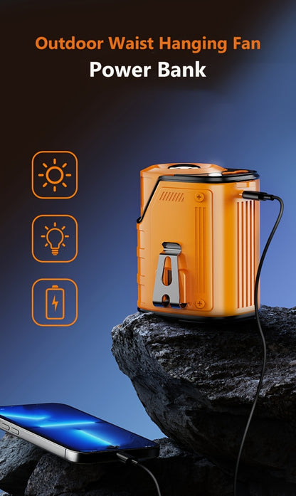 3-in-1 Portable Waist Fan with LED Flashlight & Power Bank | Rechargeable Clip-On Cooling Fan for Outdoor Work, Camping & Construction Sites, 3600mAh Battery, Digital Display
