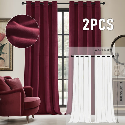 Velvet Room Darkening Curtains 2 Panels | Grommet Top Thermal Insulated Soundproof Blackout Curtains for Living Room Bedroom, Soft Solid Color Vintage Window Drapes