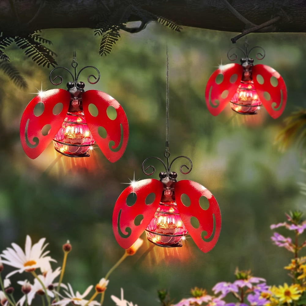 Solar Hanging Ornament Lights Ladybug & Butterfly – Waterproof Indoor Outdoor Decorative Garden Light with Spring Clips for Patio, Balcony, Porch & Trail, 5.5x2.5in